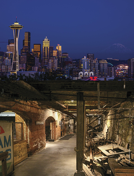 Seattle skyline on the top hat and the Seattle underground underneath